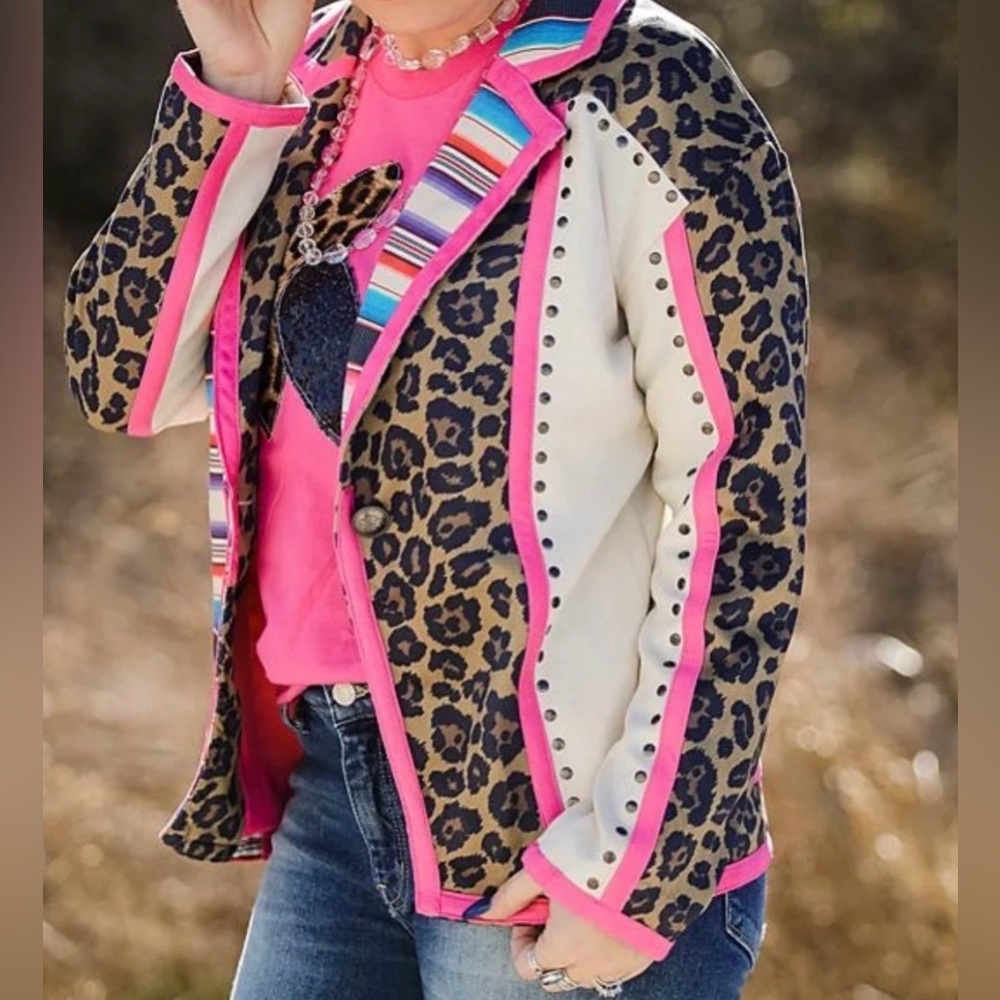Women's Leopard Print Contrast Jacket with Hot Pink Trim